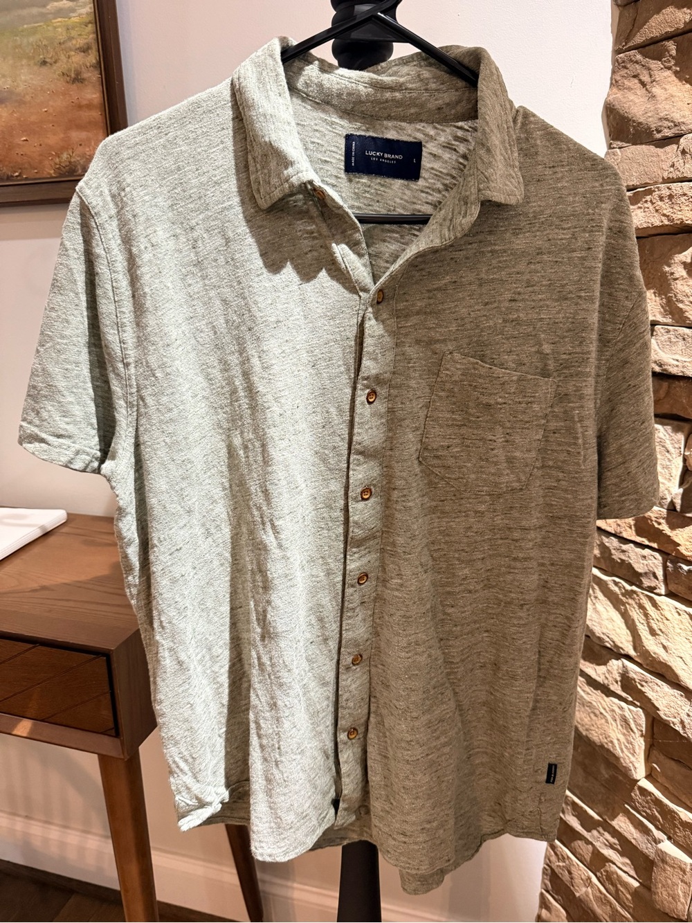 Lucky Brand Men's Short Sleeve Button-Up Shirt in Sage Green Heather